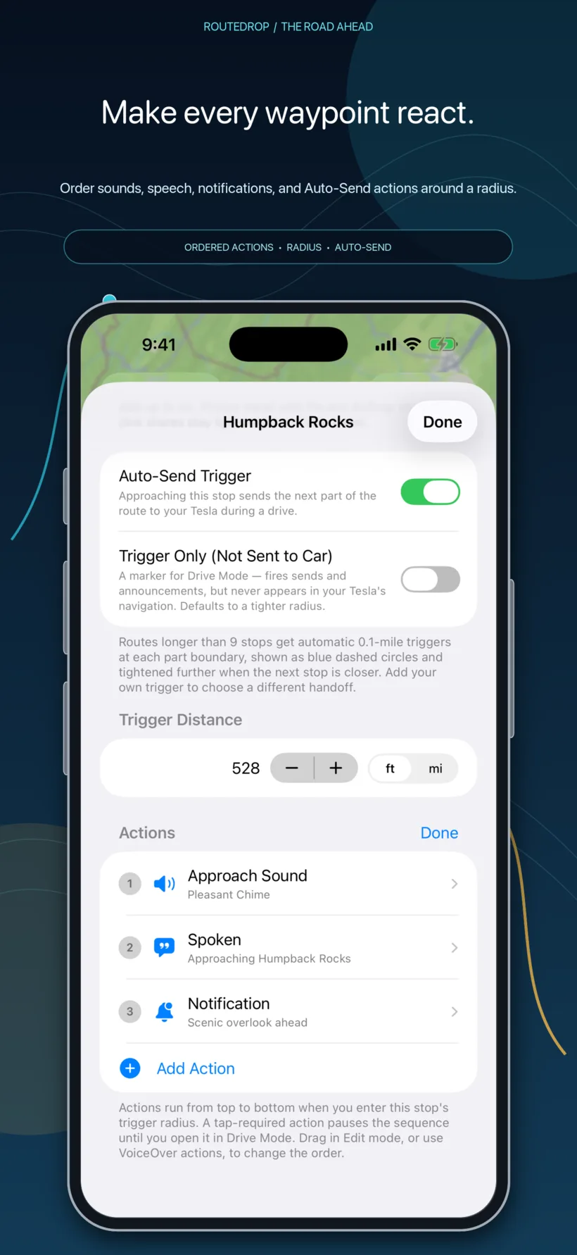 RouteDrop EV on iPhone showing a stop trigger radius and ordered action list.