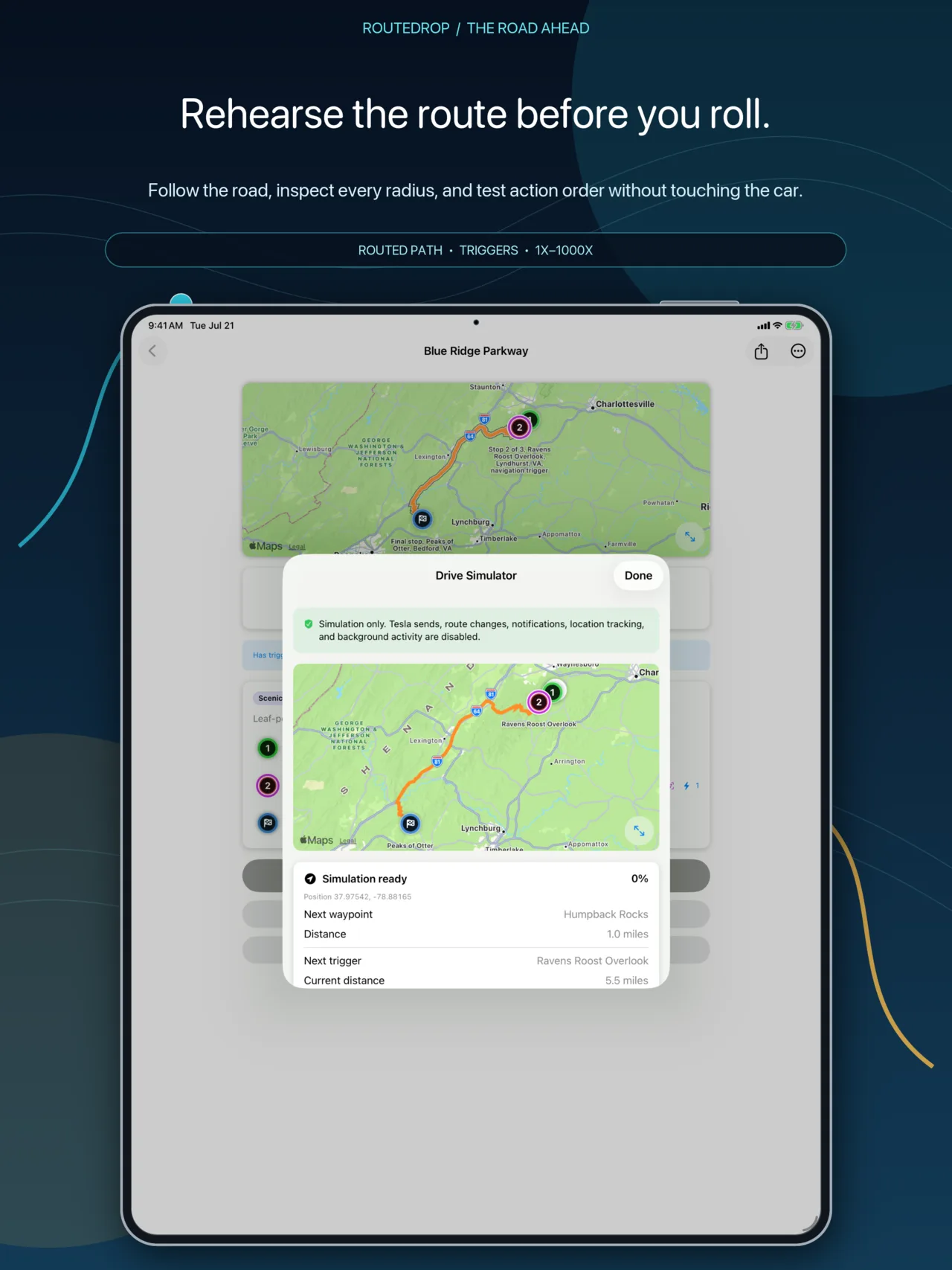 RouteDrop EV Drive Simulator on iPad showing route geometry, trigger state, controls, and a simulation log.