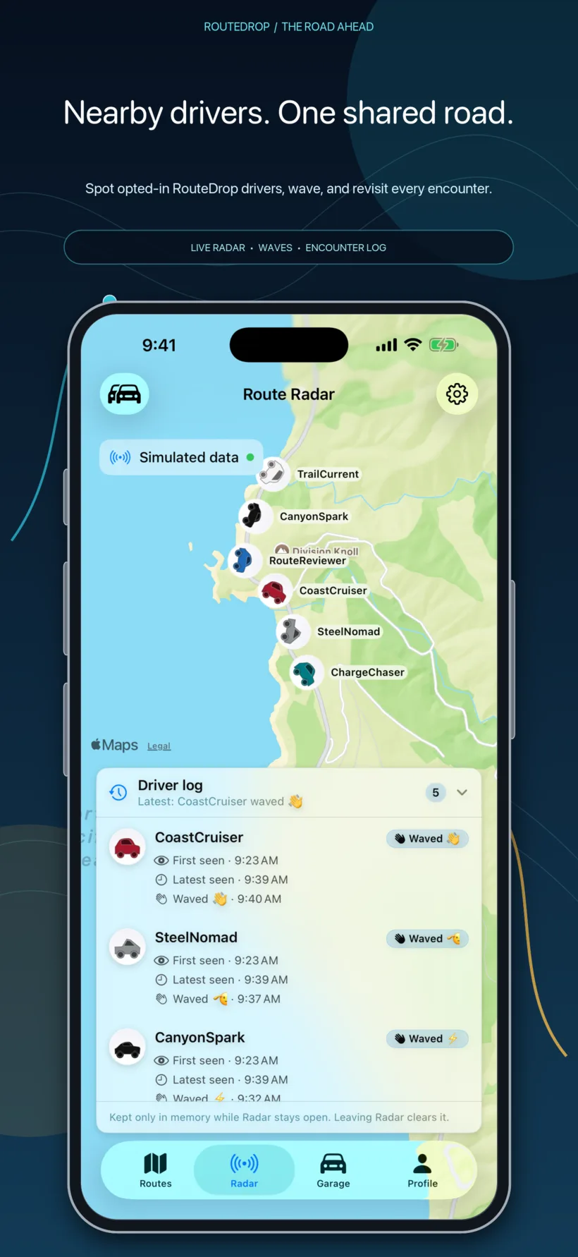 RouteDrop EV Route Radar on iPhone showing directional nearby vehicles and the private Driver Log.