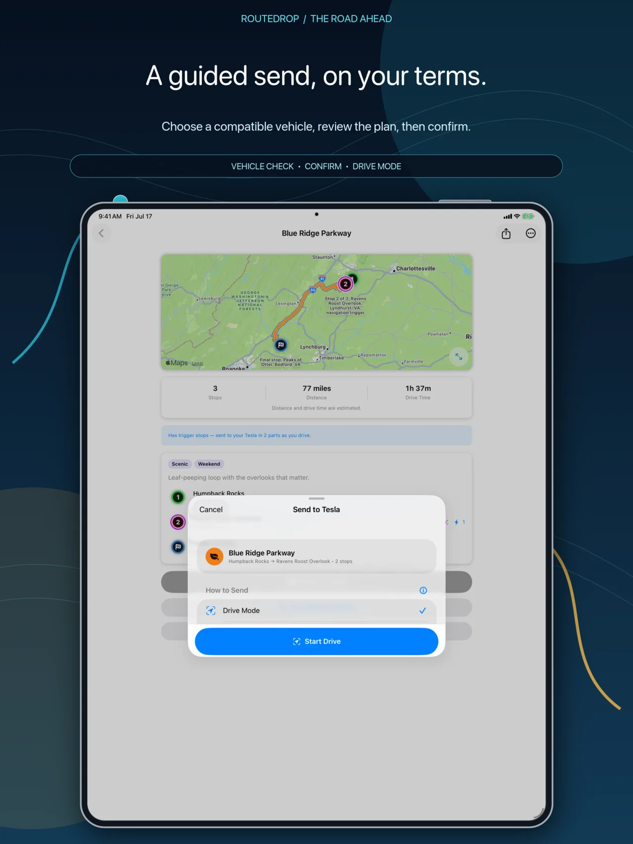 RouteDrop EV on iPad showing the Send to Tesla sheet with vehicle and drive-mode choices.