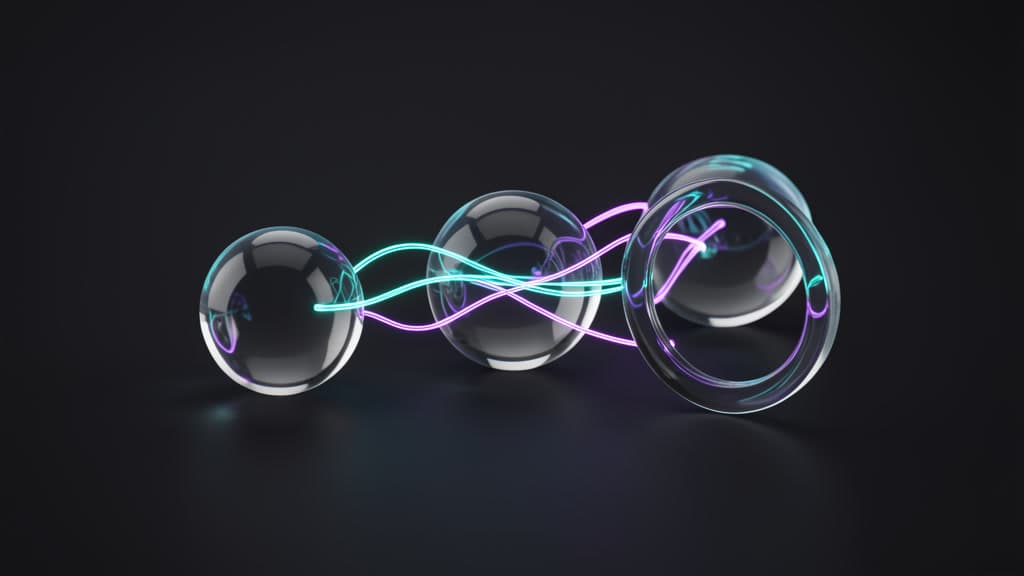Clear glass spheres and a glass ring connected by cyan and violet light paths, suggesting browser evidence moving through an agent debugging loop.