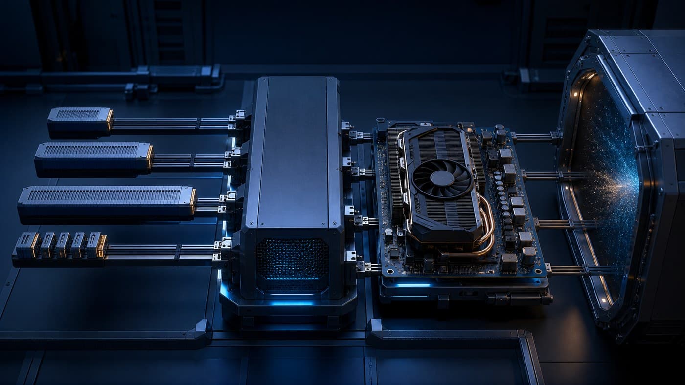 Short, medium, long, and clustered rectangular request modules enter one neutral hardware assembly and continue toward an unmarked measurement chamber on a dark blue engineering bench.