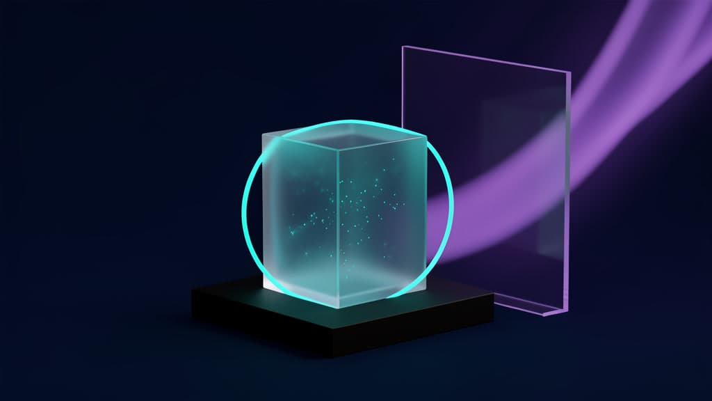 A frosted glass block sealed inside a transparent cube, surrounded by a cyan scanning hoop on a dark plinth, with a blank glass barrier and violet light ribbons beyond it.