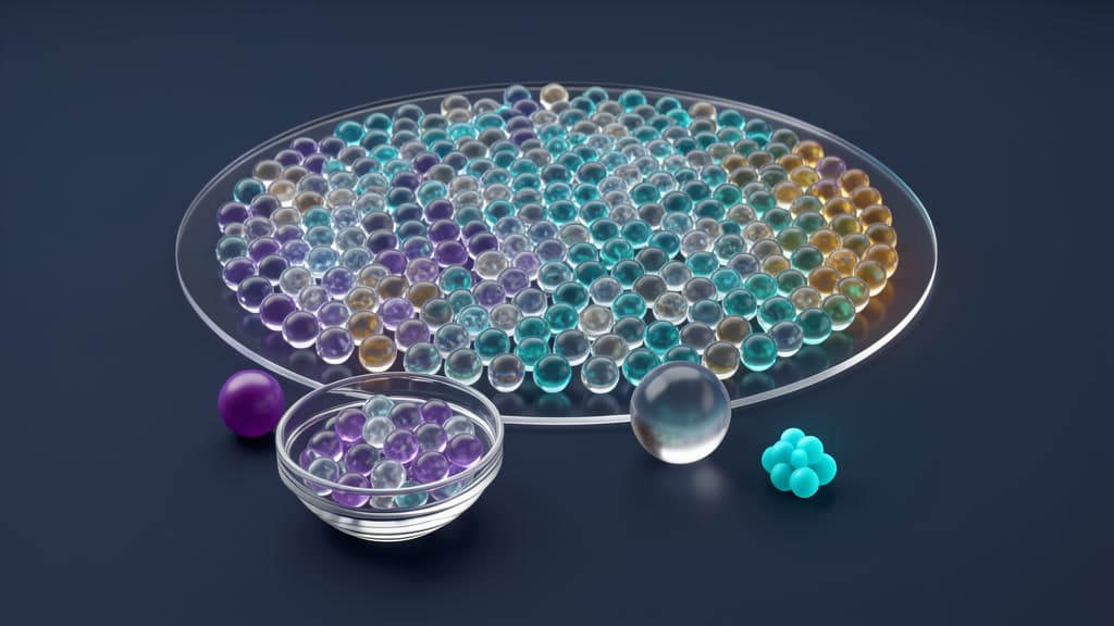 A large clear plate holding hundreds of cyan, violet, amber, and clear glass beads sits behind a small glass bowl of beads, a violet sphere, a large translucent sphere, and a cluster of small cyan spheres.