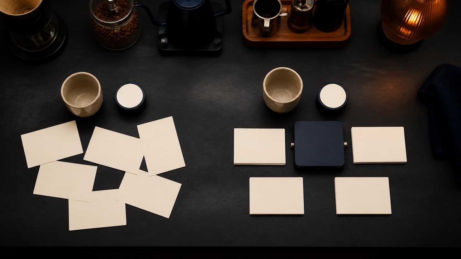 Two parallel arrangements of blank cards, plain ceramic vessels, and unmarked objects on a dark workbench.