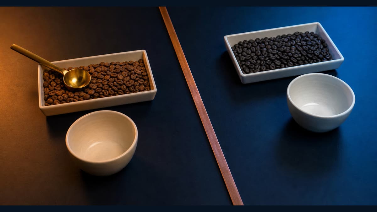 Two trays of roasted coffee beans and two ceramic tasting bowls sit on opposite sides of a copper divider, with a brass scoop resting only in the left tray.