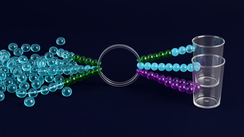 Scattered glass conversation beads pass through a blank circular handoff gate and split into neat cyan, emerald, and violet streams entering clear support queue cups.