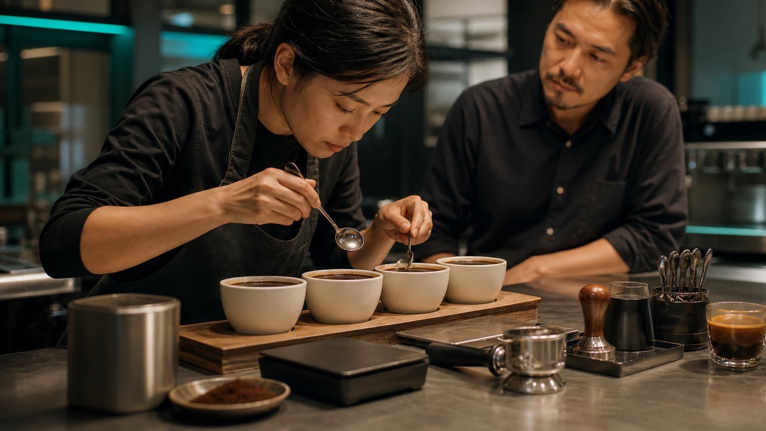 A person in an apron holds tasting spoons over four coffee cupping bowls while another person watches.