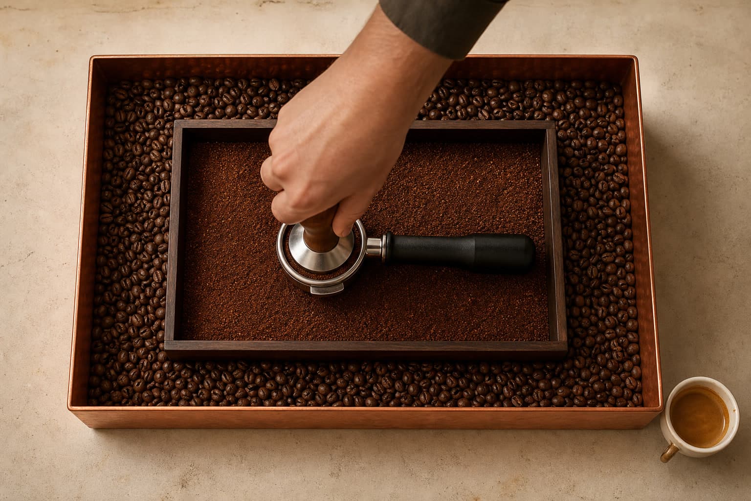 A hand tamps a complete portafilter inside a dark wood tray of ground coffee nested within a larger copper tray of whole beans, with an espresso cup beside the outer tray.