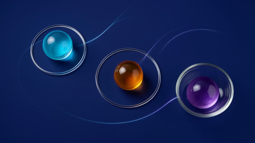 A cyan sphere and an amber sphere sit in separate clear rings, while a violet sphere rests in a shallow bowl with faint light trails on a blue background.
