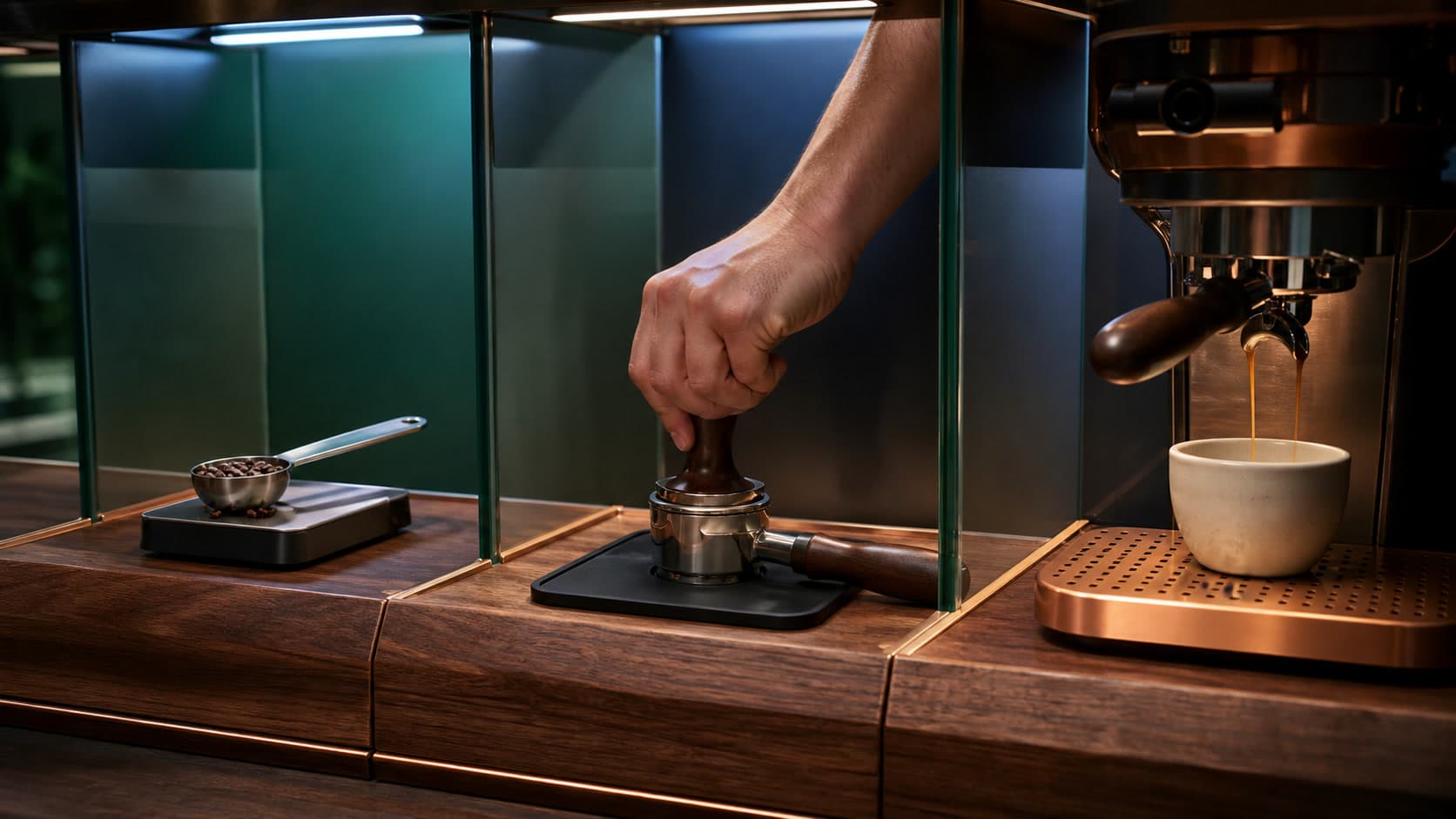 Three glass-separated coffee stations show beans in a metal scoop on a scale, one hand tamping a portafilter, and espresso pouring into a ceramic cup.