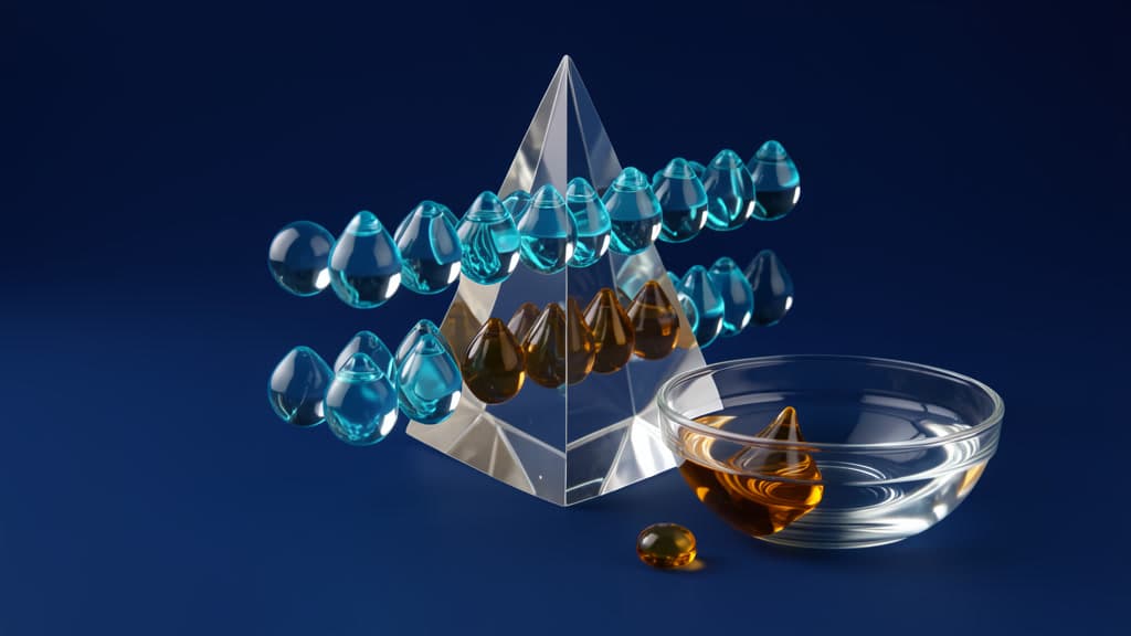 Rows of cyan and amber glass droplets passing a clear prism, with several amber droplets in a shallow clear glass bowl.