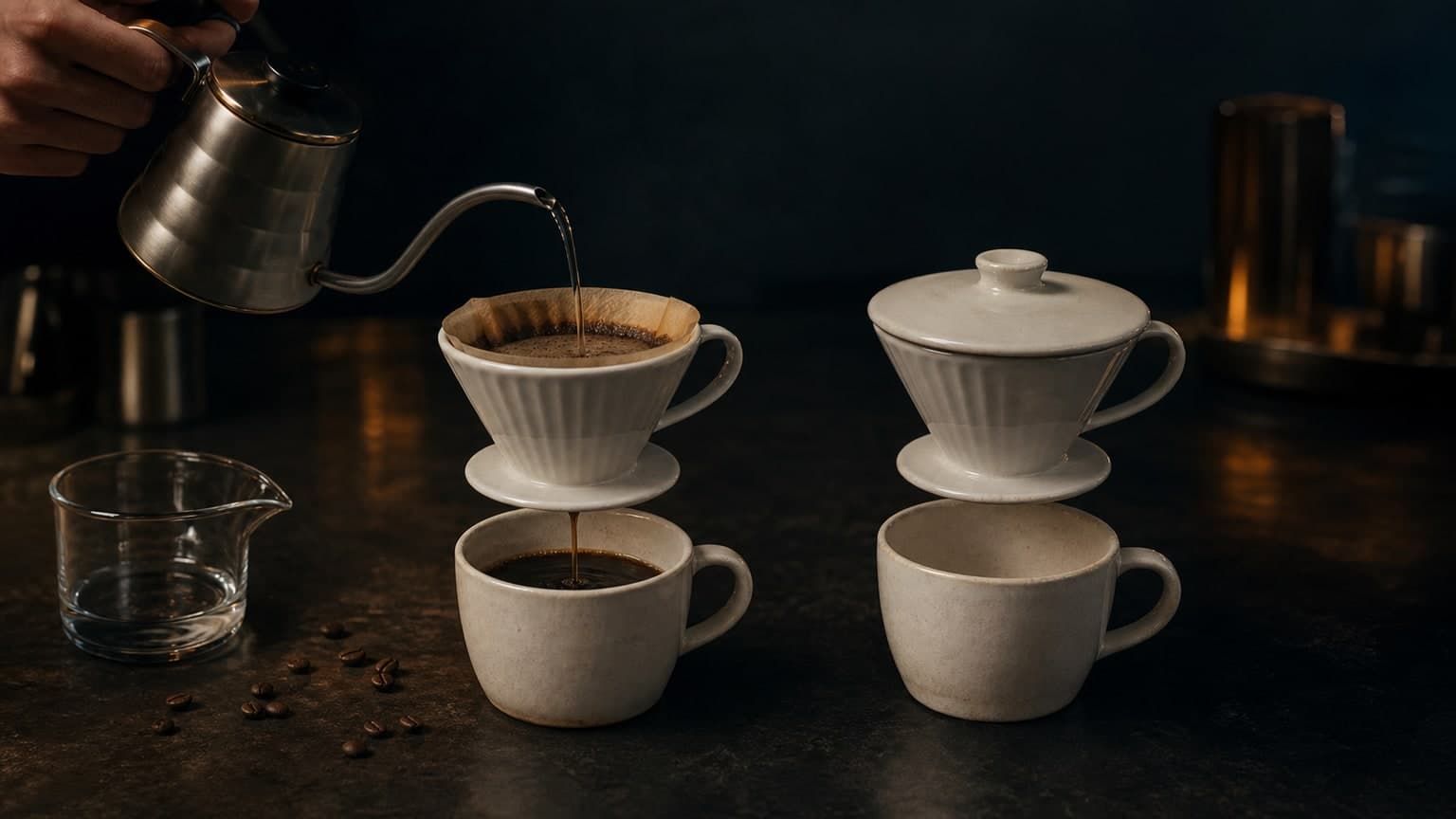 A hand pours water from a gooseneck kettle through the left ceramic dripper into a coffee cup while a covered dripper sits above an empty cup on the right.