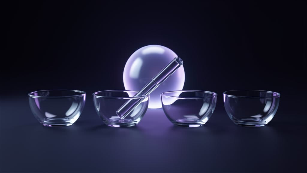 A glass baton rests across transparent bowls under a glowing sphere, suggesting a voice AI conversation passing through handoff states.