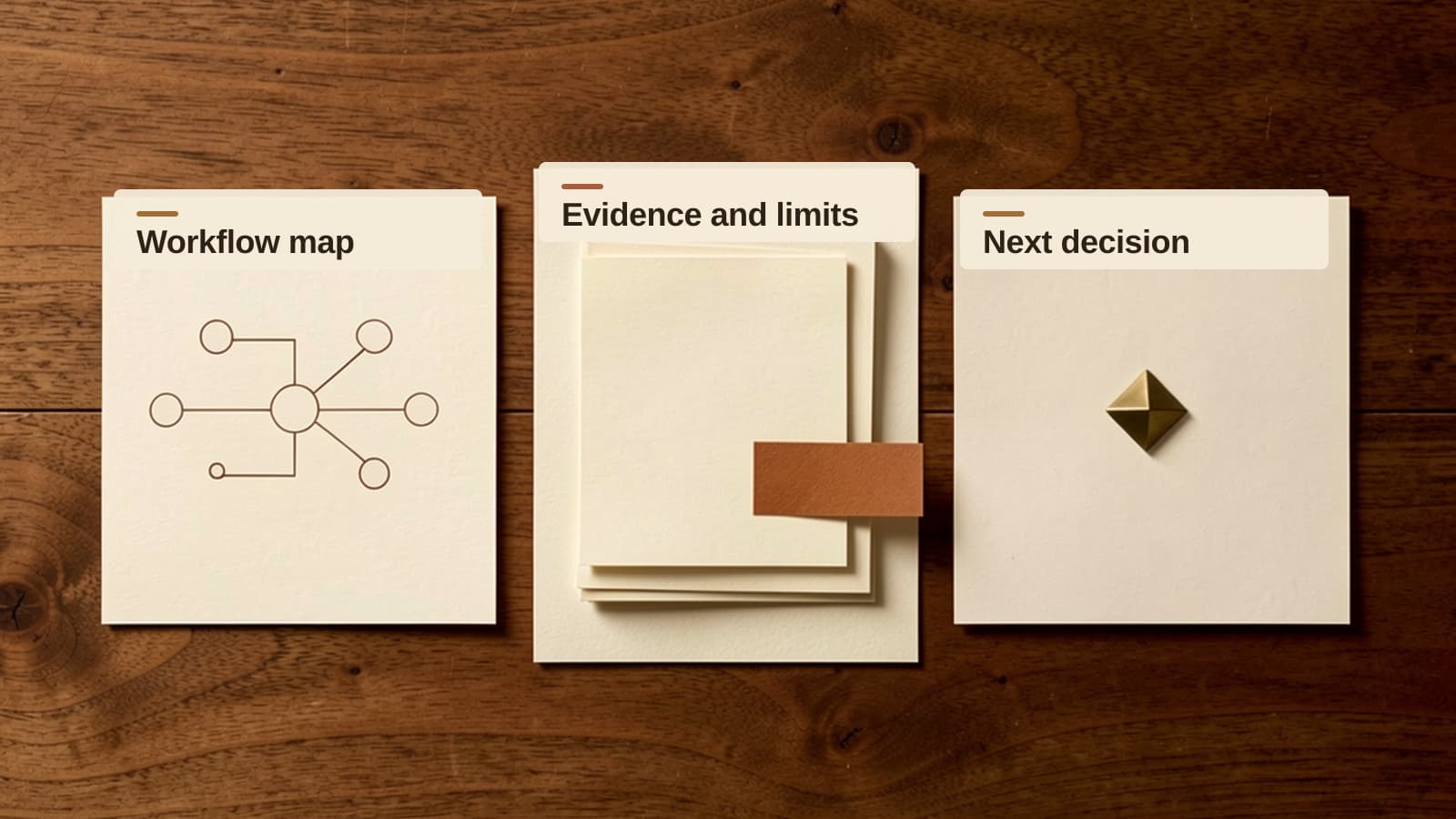 Three-stage pilot handoff strip moving from workflow map to evidence and limits to next decision.