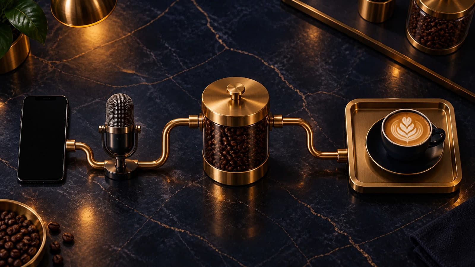 A blank smartphone and microphone feed a sealed center canister through brass tubes, with one output tube reaching a plain pickup tray.