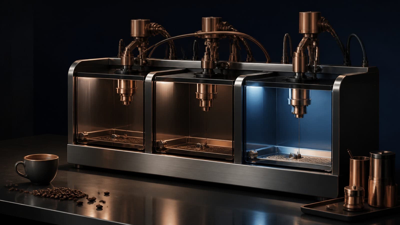 A single dark metal workstation has three adjacent empty tool bays, two lit in copper and one lit in blue.
