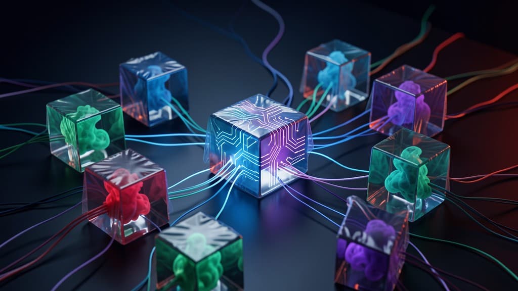 Glass root-cause evidence cubes connected by trace lines for an AI incident review workflow.