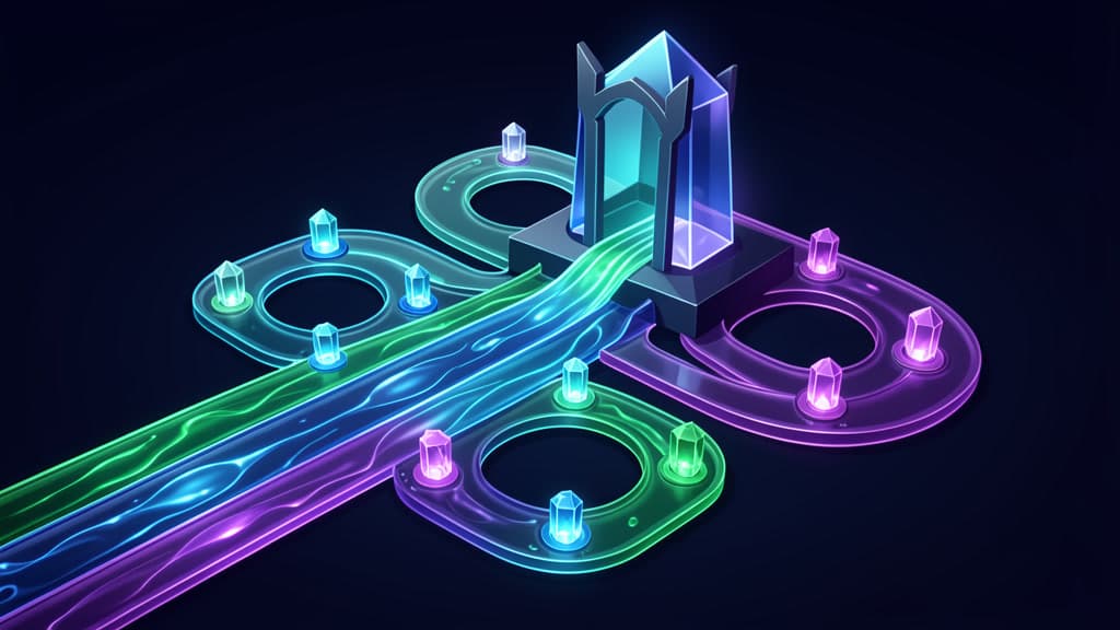 A routed AI workflow with small specialized model loops feeding a guarded frontier-model decision point.