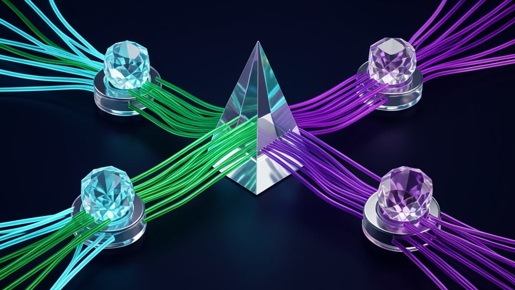 Abstract crystal routing manifold with cyan, emerald, and violet workflow streams converging through a guarded model decision point.