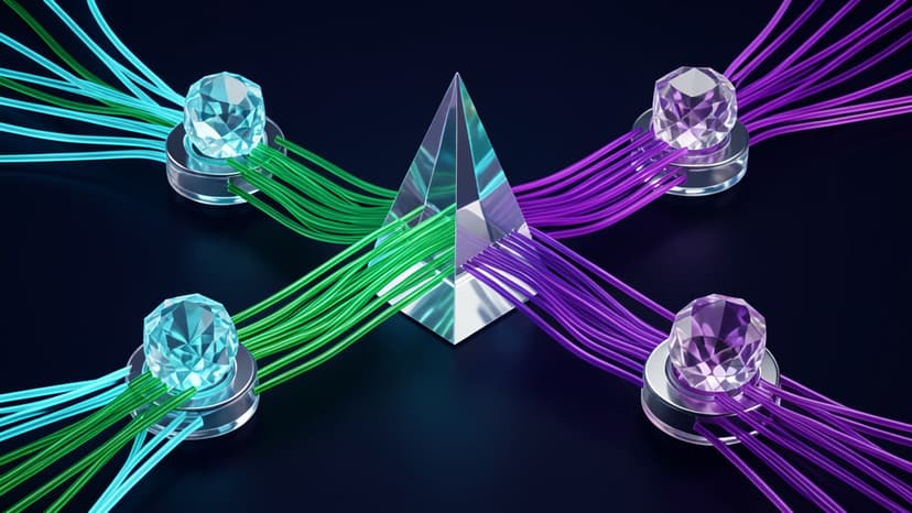 Abstract crystal routing manifold with cyan, emerald, and violet workflow streams converging through a guarded model decision point.