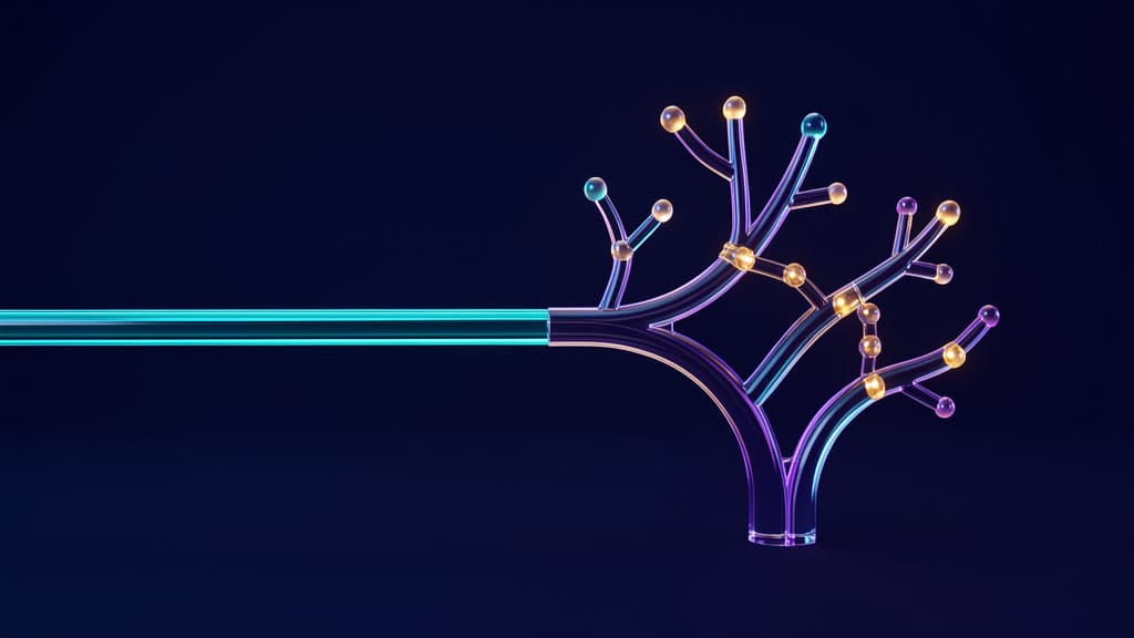A straight cyan glass rail branches into violet, cyan, and amber paths tipped with smooth glass beads on a dark blue background.
