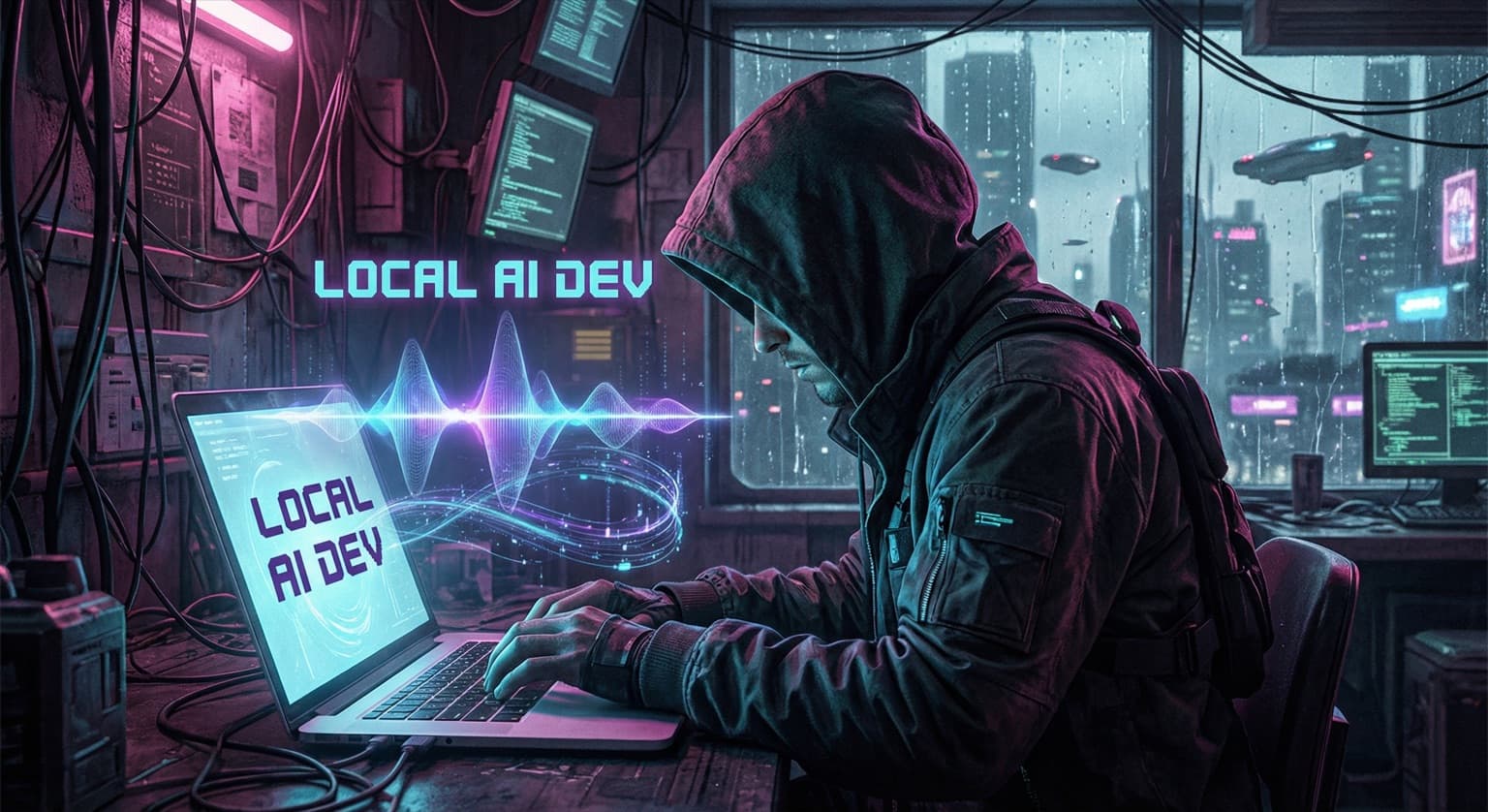 A developer working on a laptop with a holographic audio visualizer interface