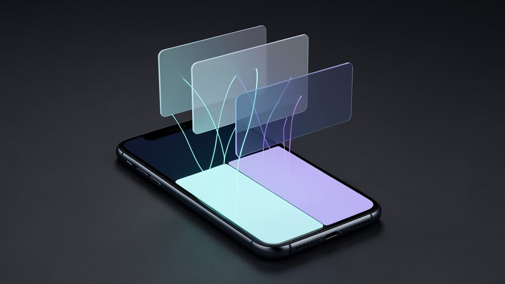 A smartphone with a blank glowing control strip sends cyan and violet light threads into translucent panels, suggesting text fields becoming action surfaces.