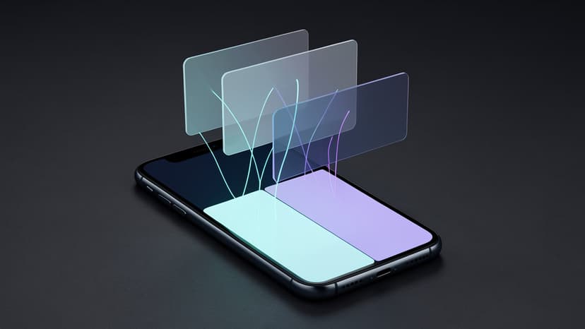A smartphone with a blank glowing control strip sends cyan and violet light threads into translucent panels, suggesting text fields becoming action surfaces.
