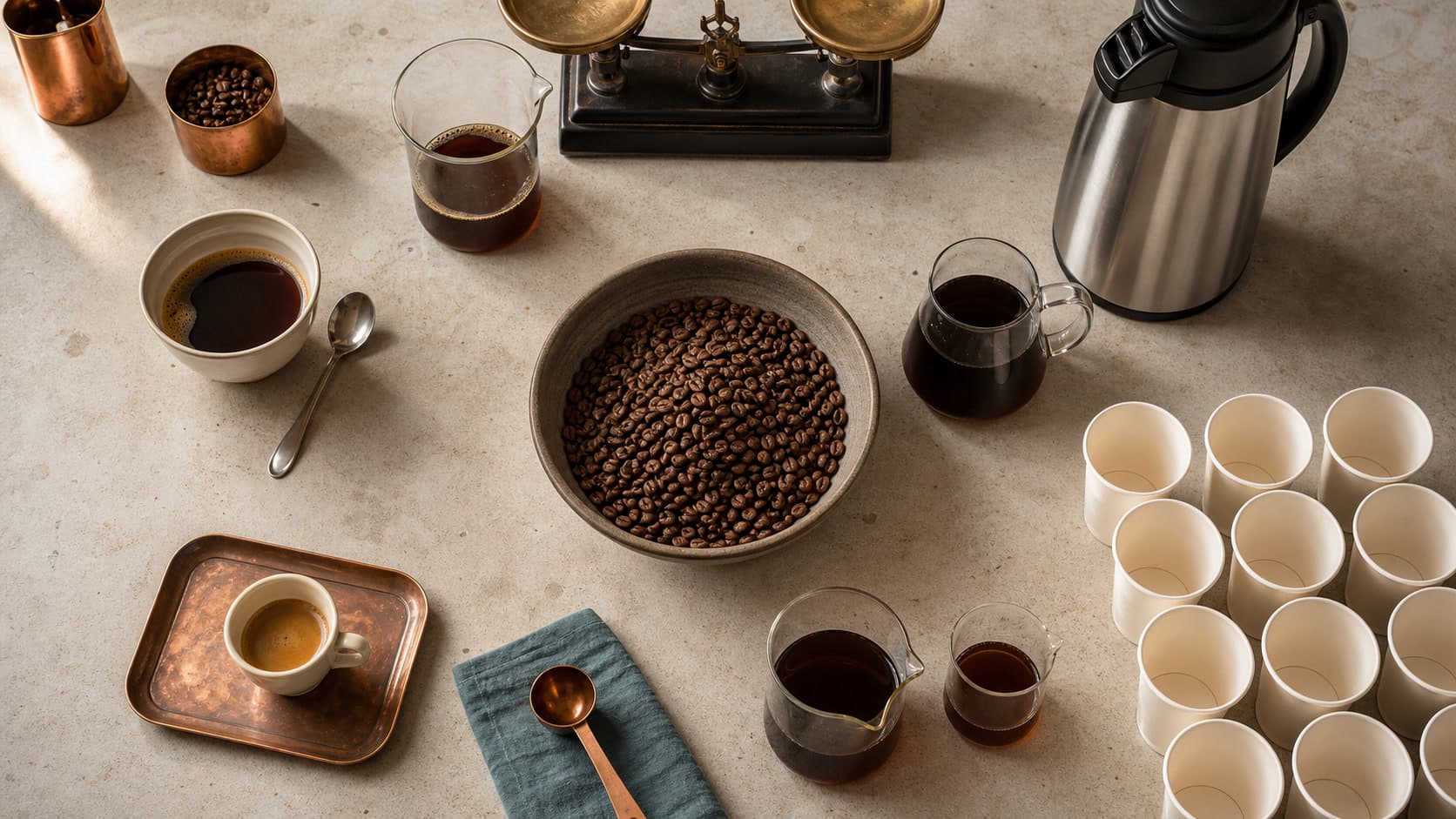 A top-down countertop holds a central bowl of coffee beans, a ceramic bowl of coffee with a spoon, an espresso on a copper tray, plain paper cups, glass coffee vessels, a stainless-steel carafe, and a two-pan balance.