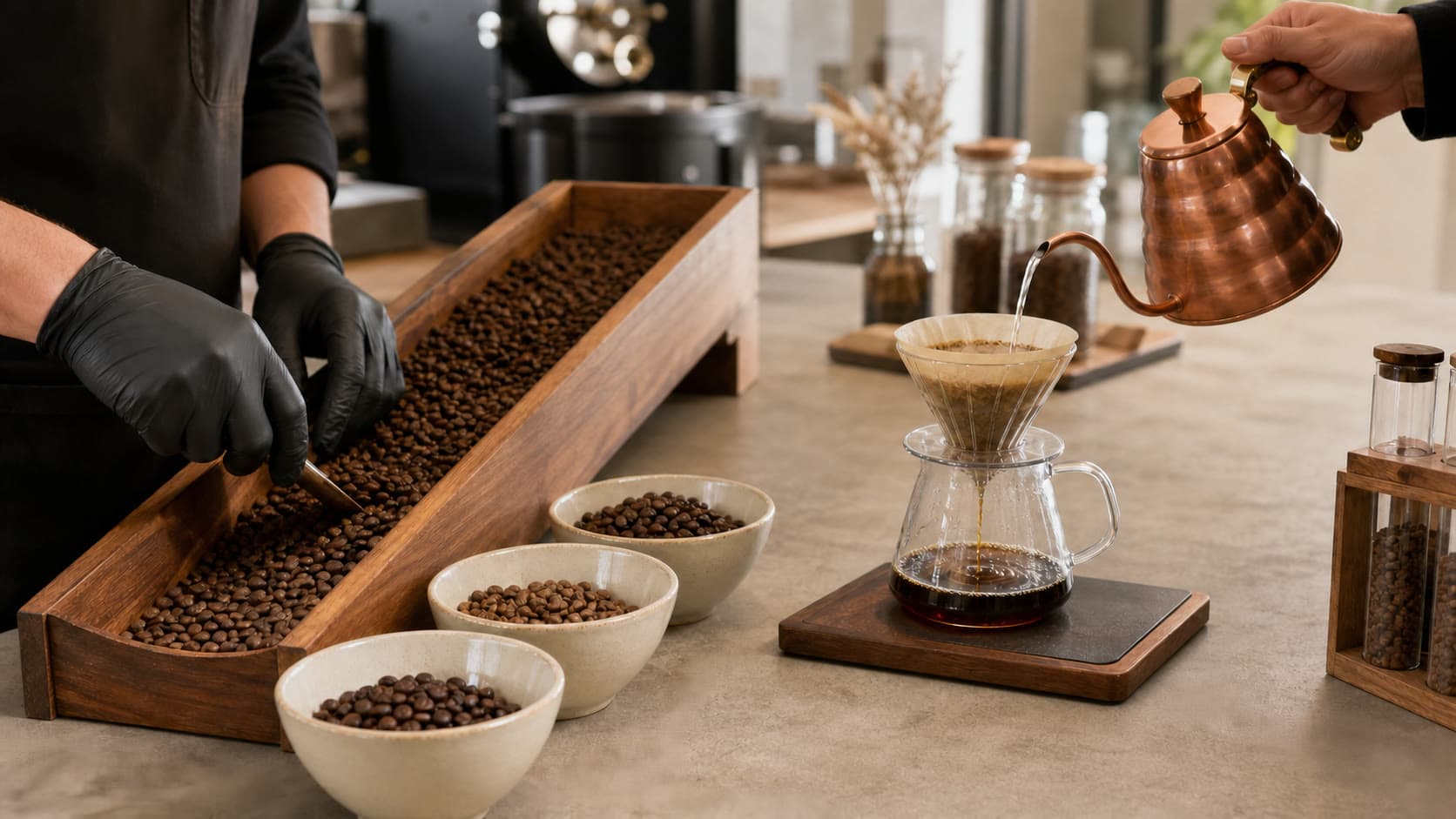 A barista sorts roasted coffee beans into three ceramic bowls while another hand pours water through a paper filter into a glass carafe.