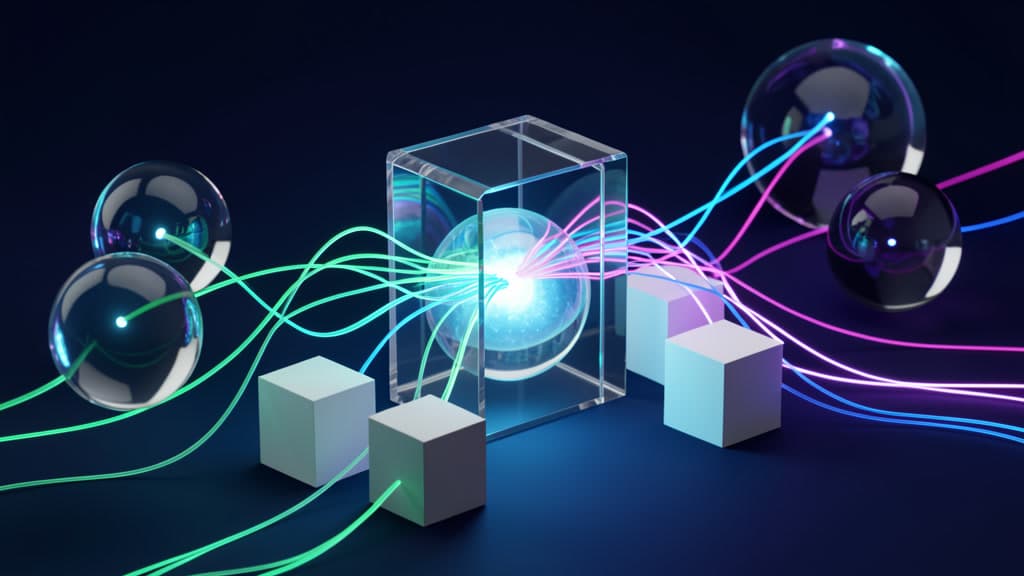 Cool-toned abstract connector paths passing through a transparent gate before reaching a sealed local AI core.