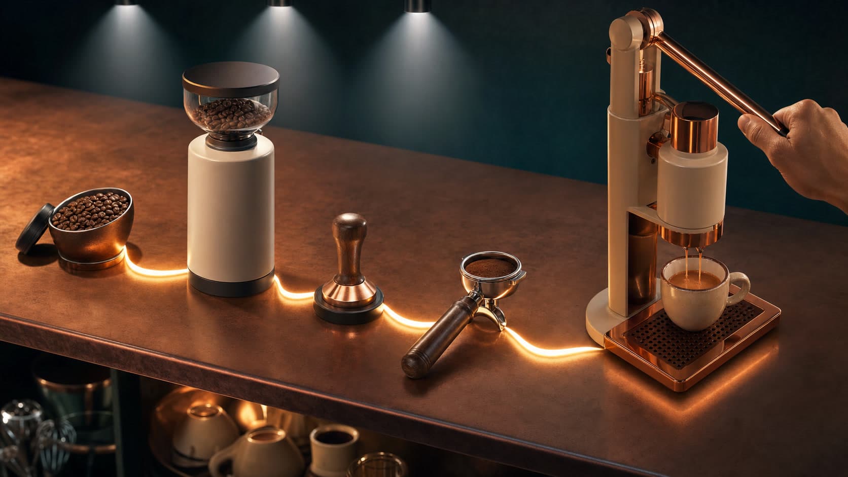 Coffee beans, a grinder, a tamper, a filled portafilter, and a lever espresso machine pouring into a cup sit under isolated overhead spotlights, connected by a continuous amber light as a hand holds the machine's lever.