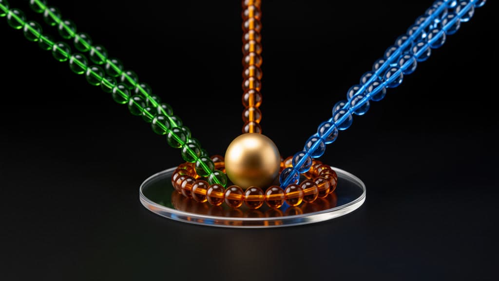 A dark studio scene where green, amber, and blue glass-bead paths converge around a clear threshold ring and smooth gold sphere, suggesting different terms for different machine visitors.