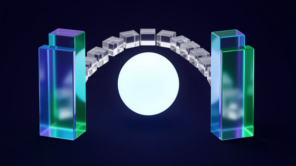 A glowing action token suspended between two separate glass gates, with a chain of blank audit blocks behind it.