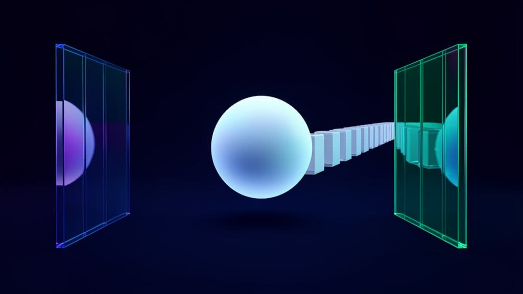Cool-toned security vault where a single action token passes between two separate glass gates, with a sealed chained record glowing behind it in navy and electric blue.