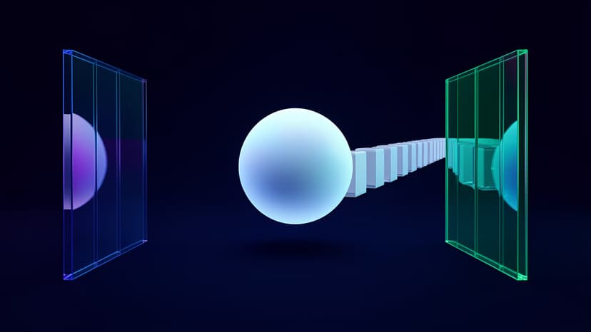 Cool-toned security vault where a single action token passes between two separate glass gates, with a sealed chained record glowing behind it in navy and electric blue.