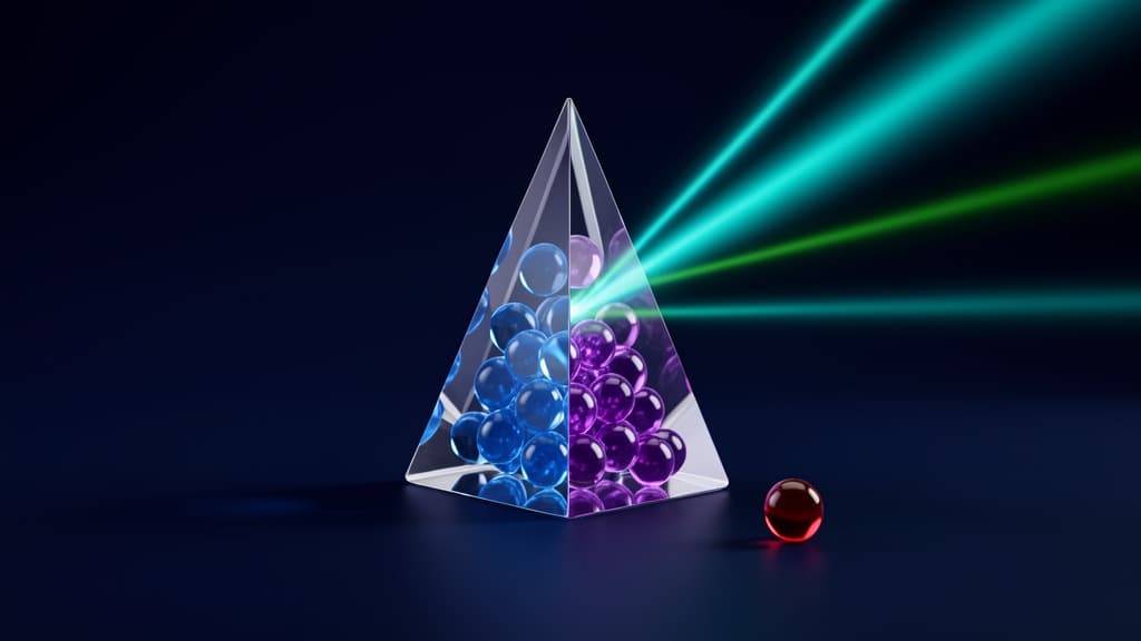 Glowing blue and violet glass marbles sorted through a transparent prism with one red containment bead on a midnight navy background.