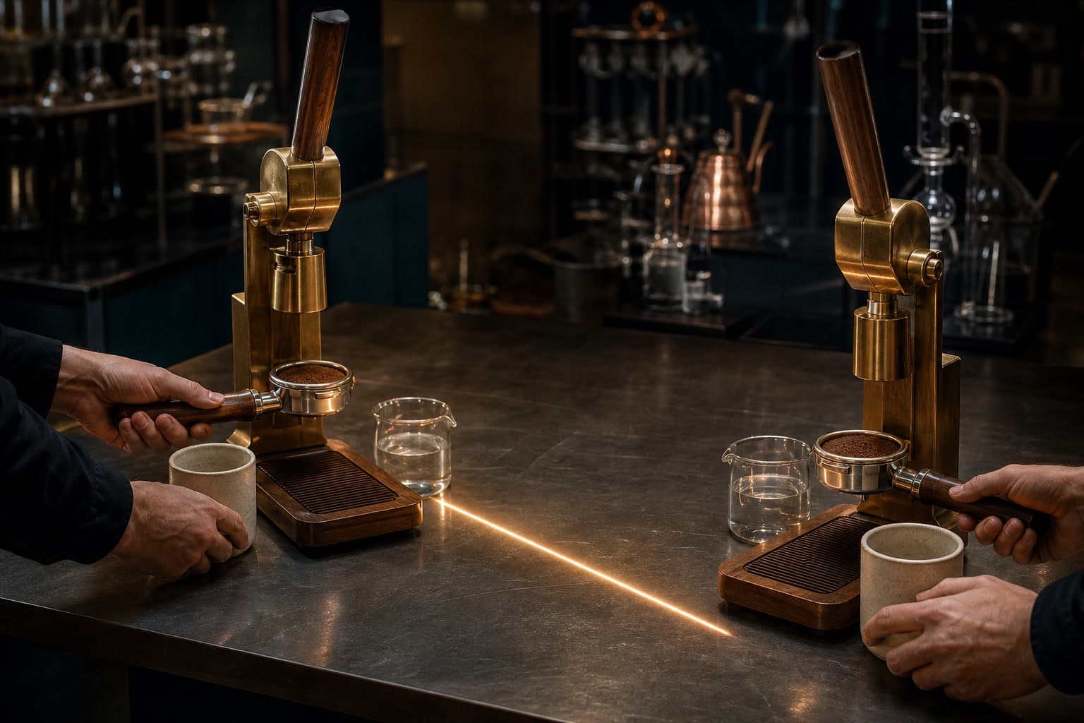 Two separate coffee preparation stations each hold a brass lever press, a loaded portafilter, a ceramic cup, and a glass water vessel.