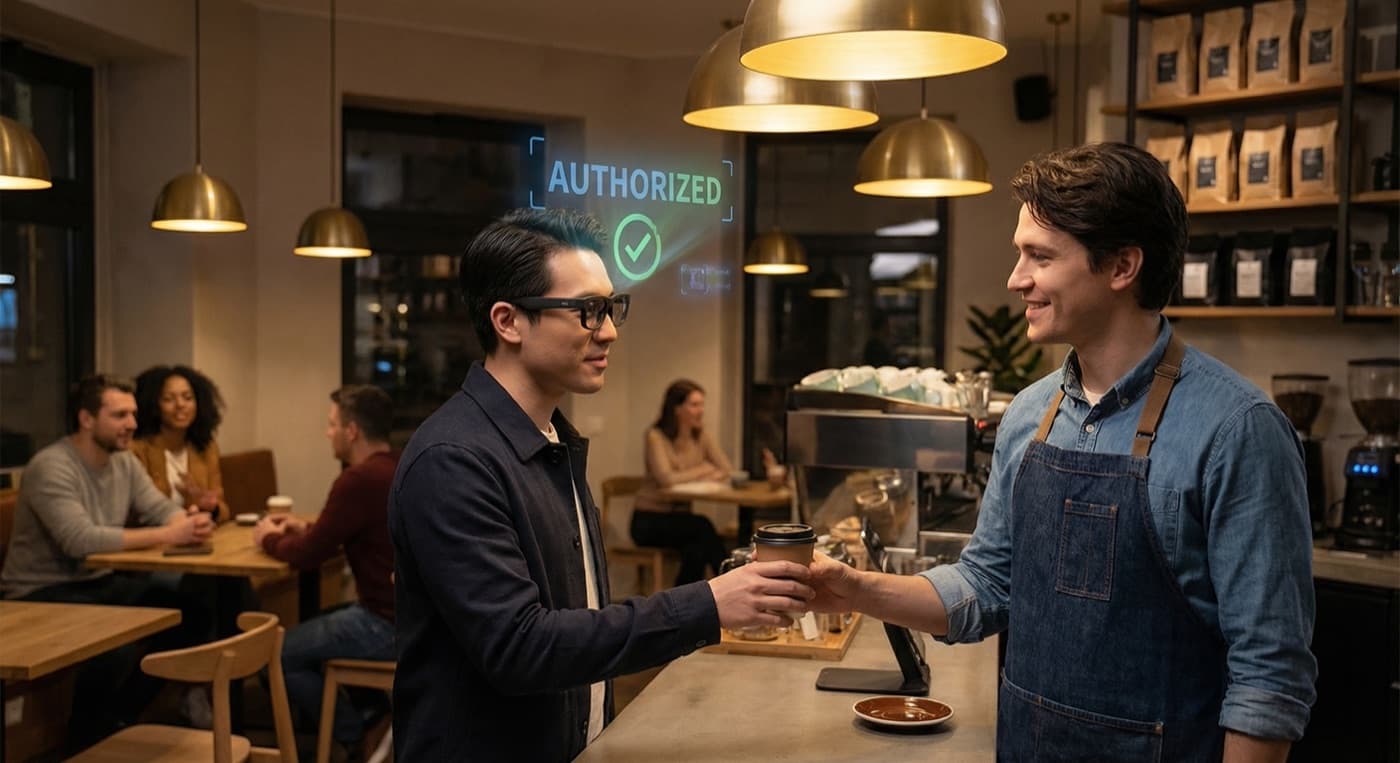 Barista interacting with customer wearing smart glasses