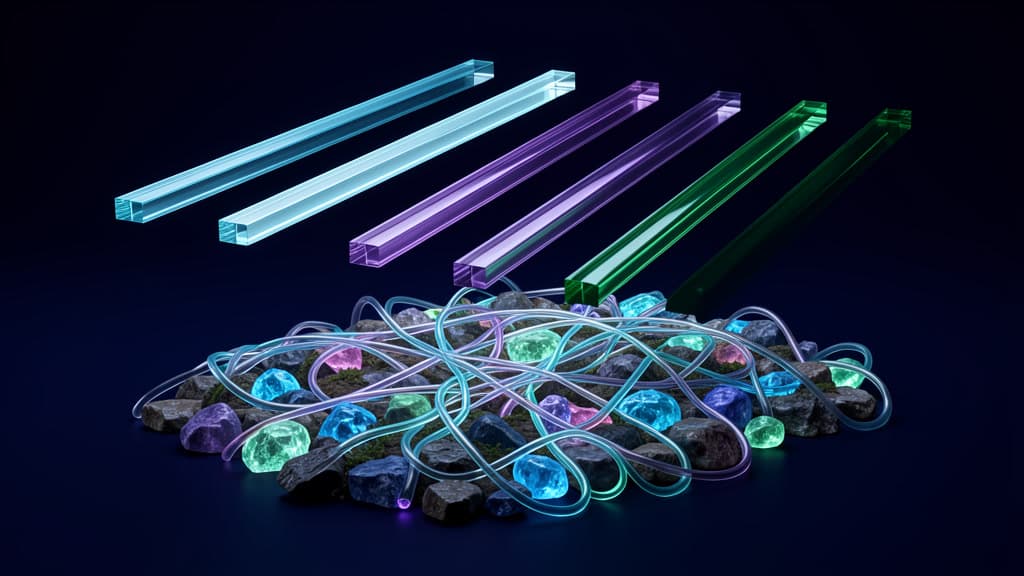 Six polished glass pathways resting above a dense irregular network of illuminated local connections.