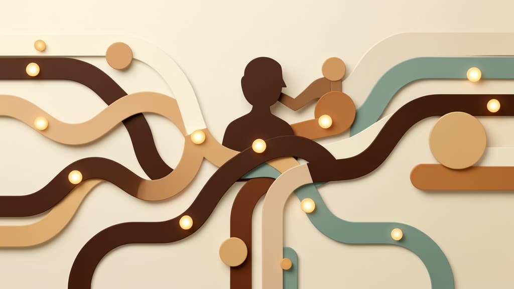 Abstract production AI workflow orchestration scene with connected approval gates, automation paths, and observability signals.