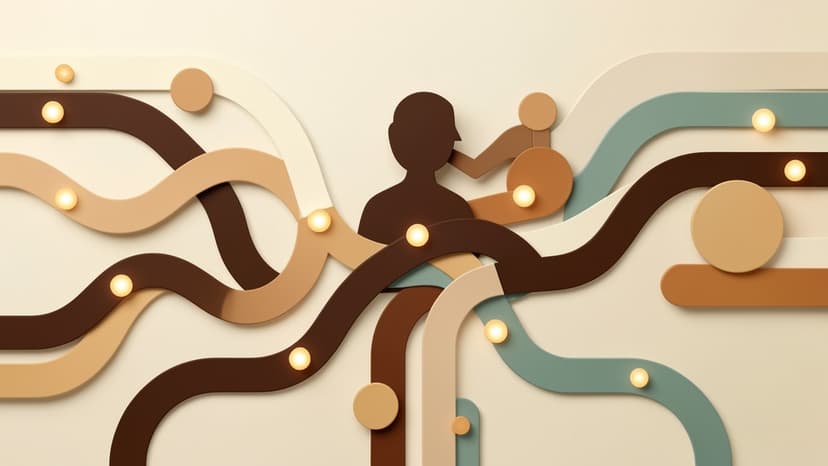 Abstract production AI workflow orchestration scene with connected approval gates, automation paths, and observability signals.