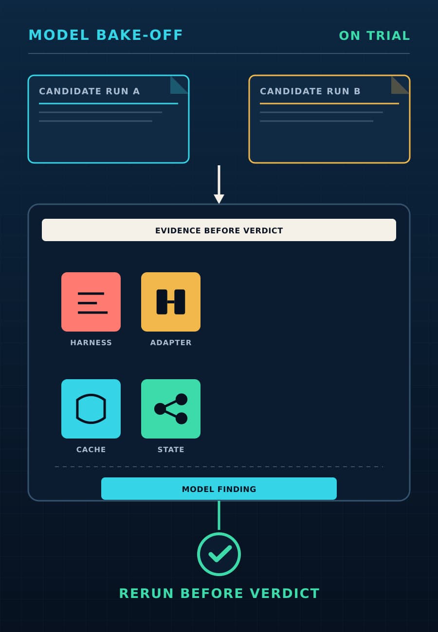 Two candidate run files feed an evidence board that separates harness, adapter, cache, and state findings from the model finding before a rerun verdict.