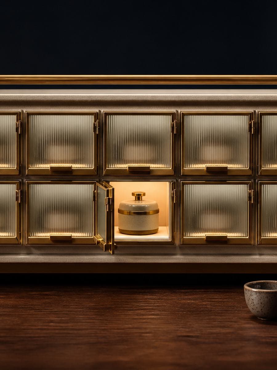 A brass and ceramic cabinet has nine frosted shutters closed while one center shutter is open around an illuminated ceramic container.