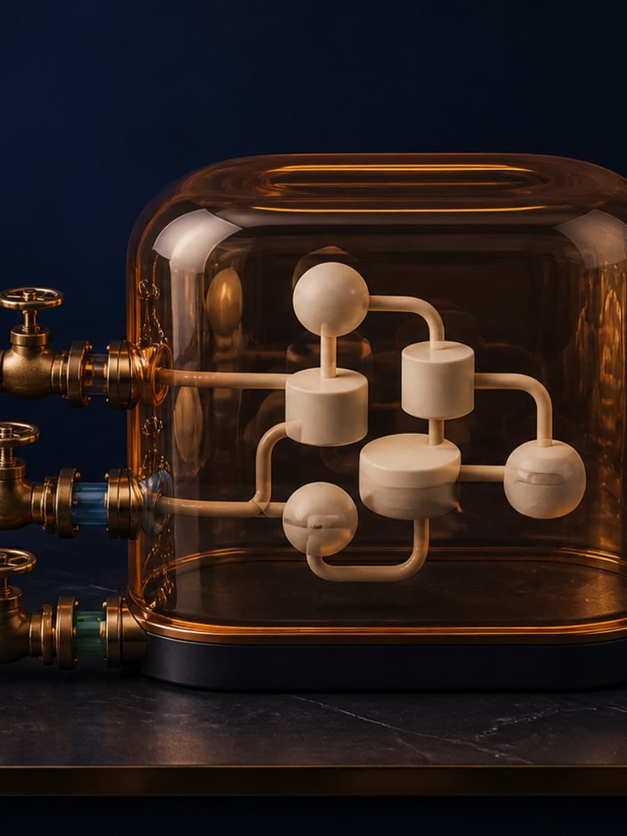 An amber glass enclosure contains connected ceramic workflow nodes while three brass valves control channels entering from document trays outside.