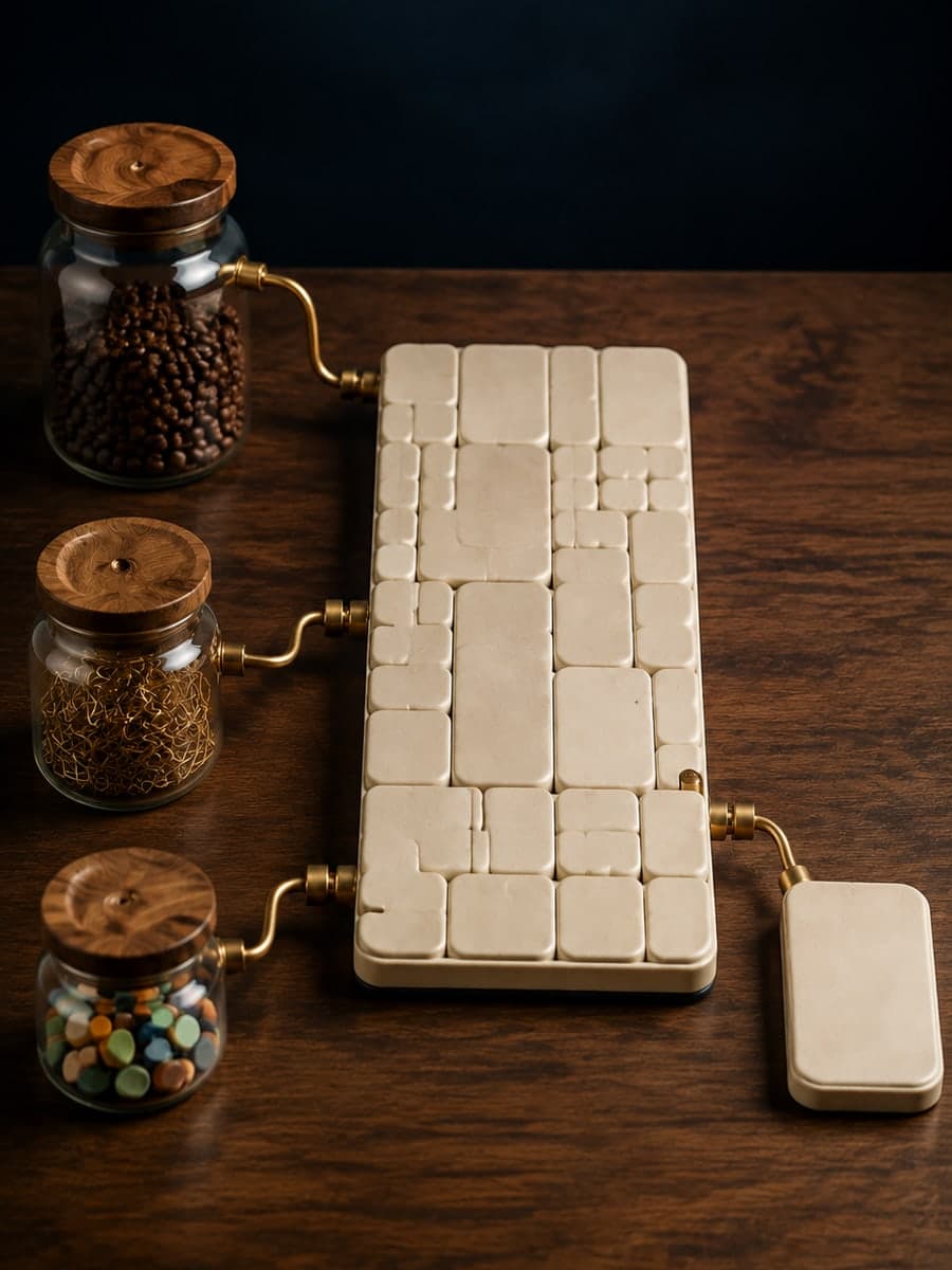 A blank ceramic control board connects through brass tubes to separate glass source containers holding dark pieces, paper clips, and colored tokens.