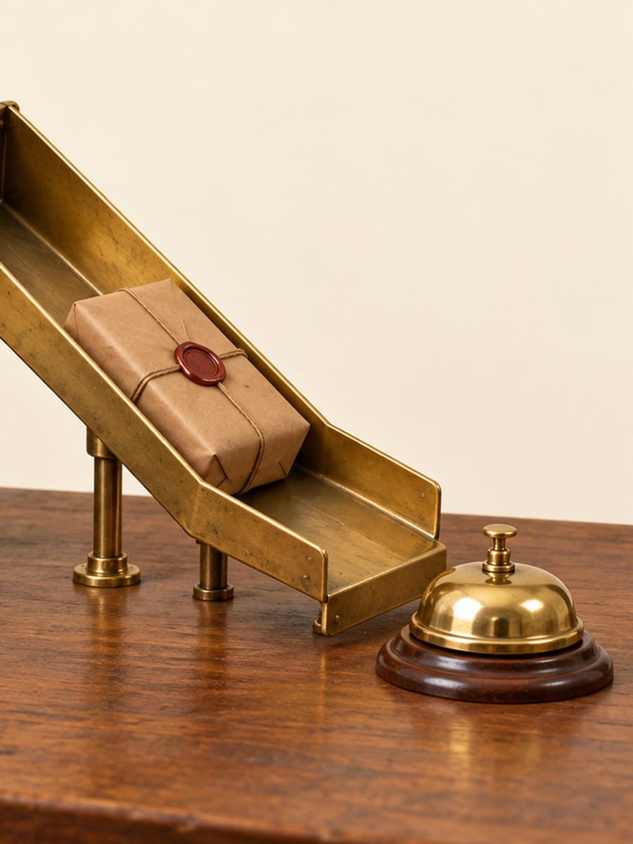 Editorial illustration of a brass two-way sorting chute on a wooden desk: blank cream envelopes slide down into an outbox tray while a brown paper parcel with a red wax seal is diverted onto a side chute that ends beside a brass service bell.