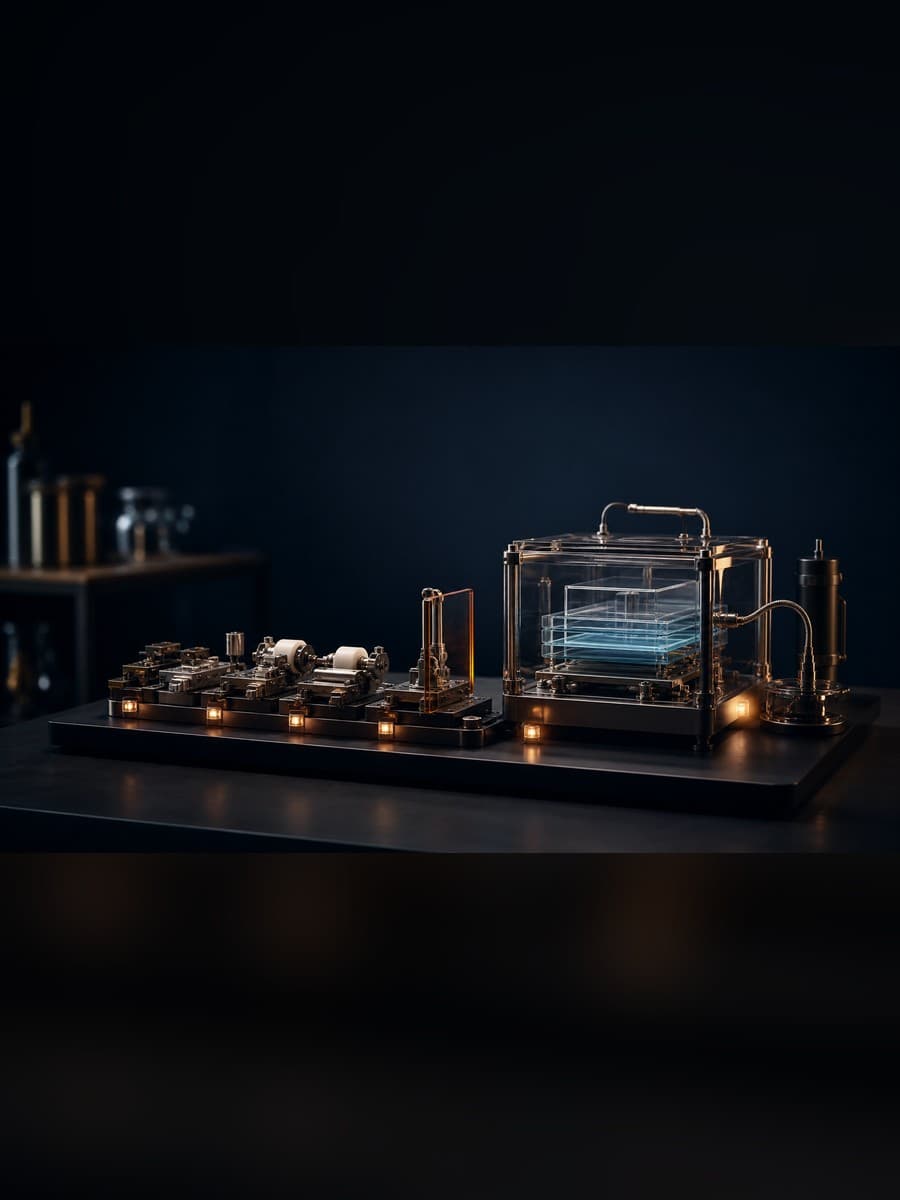 A transparent browser-like glass chamber connects to a separate sequence of mechanical action modules and an amber stop gate on a dark engineering bench.