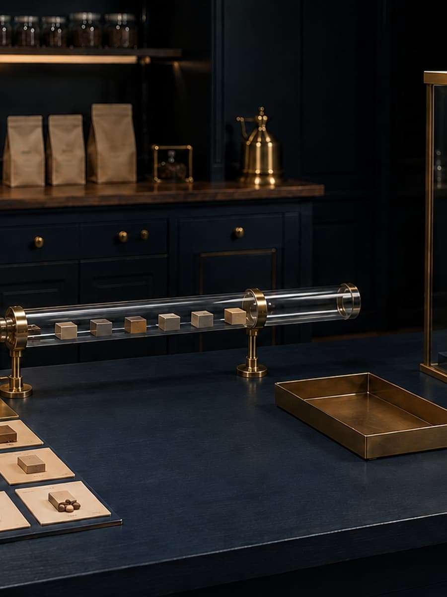 Unmarked product samples pass under a glass inspection lens, while a separate checkout apparatus remains disconnected across an empty handoff tray.